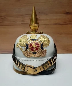 Halloween German Leather Pickelhaube White Helmet Imperial Prussian Preußen - Picture 1 of 5
