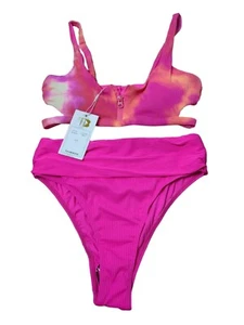 Tinibikini Tini Bikini Womens Small 2 Piece HotPink Orange Zipper Strappy - Picture 1 of 9