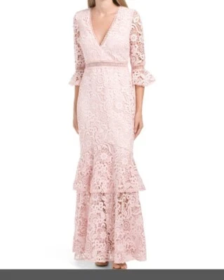 MONIQUE LHUILLIER Women's Lace Tiered Gown Evening Maxi Dress in Parfait Size 2 - Image 1 of 2