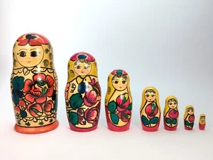 RARE Vintage Set Of 7 Russian Nesting Dolls Made In USSR Red Yellow - Picture 1 of 9
