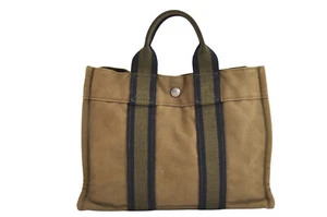Autentica borsa tote a mano HERMES vintage Fourre Tout PM tela verde cachi 5256M - Foto 1 di 10