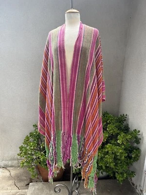 Mantón envolvente boho de colección tejido a rayas mexicanas rebozo rosa verde OS Foto 1 de 4
