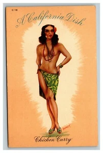 Hermosa chica pin up postal vintage de 1940 - plato de California - pollo al curry - Imagen 1 de 2