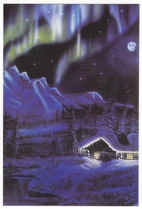 Night Fire Northern Lights Art Postcard Aurora & Cabin Painting - Picture 1 of 2