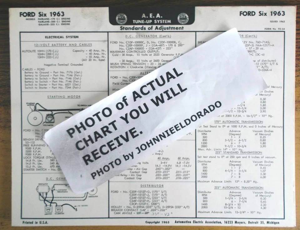 Ford Serie SIX Fairlane & Galaxie 170 200 223 1963 modelos CI AEA tabla de afinación Foto 1 de 1