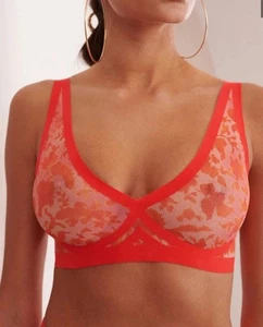 Eby Damen Bralette ohne Bügel durchsichtig rot Blumen Mesh XL neu ohne Etikett - Bild 1 von 8