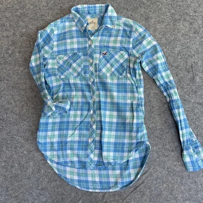 Camisa Hollister para mujer XS azul verde a cuadros cuello adornado con botones Y2K Foto 1 de 4