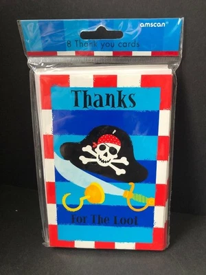 THANKS FOR THE LOOT PIRATE THANK YOU CARDS by AMSCAN - 8 CARDS & 8 ENVELOPES - Image 1 of 2