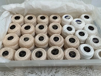 Vintage DMC Crochet Cotton Thread Balls Off White & Beige x 27 Plus Plastic Box - Image 1 of 4