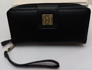 Deluxity Womens Zip Around and Snap Black Pebbled Faux Leather Wallet with Logo - Picture 1 of 15
