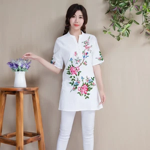 Damen Stickerei Hemd Kleid Kurzärmlig V-Ausschnitt Midi Top Bluse Retro Ethnisch - Bild 1 von 8