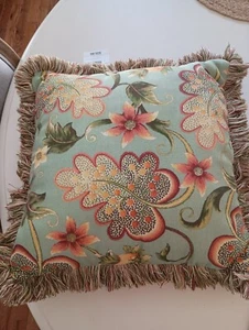 Decorative Throw Pillow Green Floral 18" Square Fringed Edge 2 Sided - Picture 1 of 5