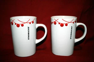 Starbucks 2012 Christmas Holiday Red Balls Ornaments White Mugs Cups Set of 2 - Picture 1 of 3