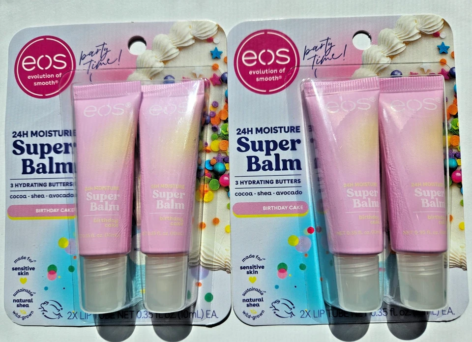 eos Super Balm Birthday Cake Lip Care Day/Night Treatment 4 total tubes