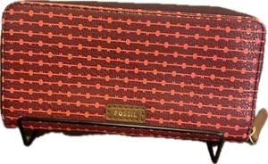 Women's Stylish Fossil Jayda Red Cabernet Key Print Zip Around Clutch Wallet - Picture 1 of 17