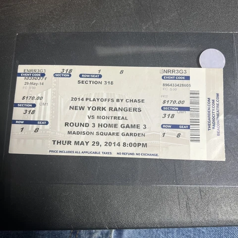Montreal Canadiens @ New York Rangers 5/29/14 Eastern Conf Game 6 Clinch Ticket Cover