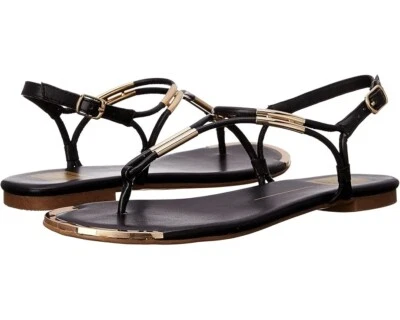 NIB Dolce Vita Marly Flat Sandals Sz 5 Black Stella Gold Faux Leather Slingback - Image 1 of 4
