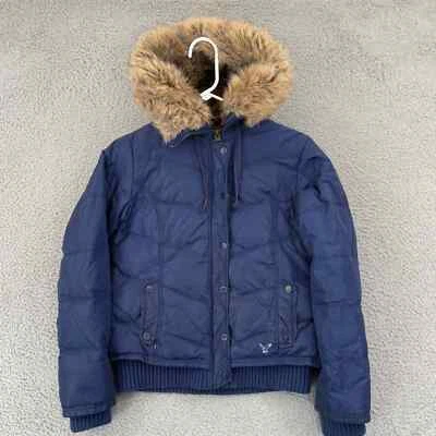 Vintage American Eagle Jacket Womens Medium Blue Down Puffer Coat Short Fur Hood - Image 1 of 4