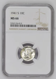 1941 S Mercury Dime, NGC MS 66, Great Luster - Picture 1 of 2