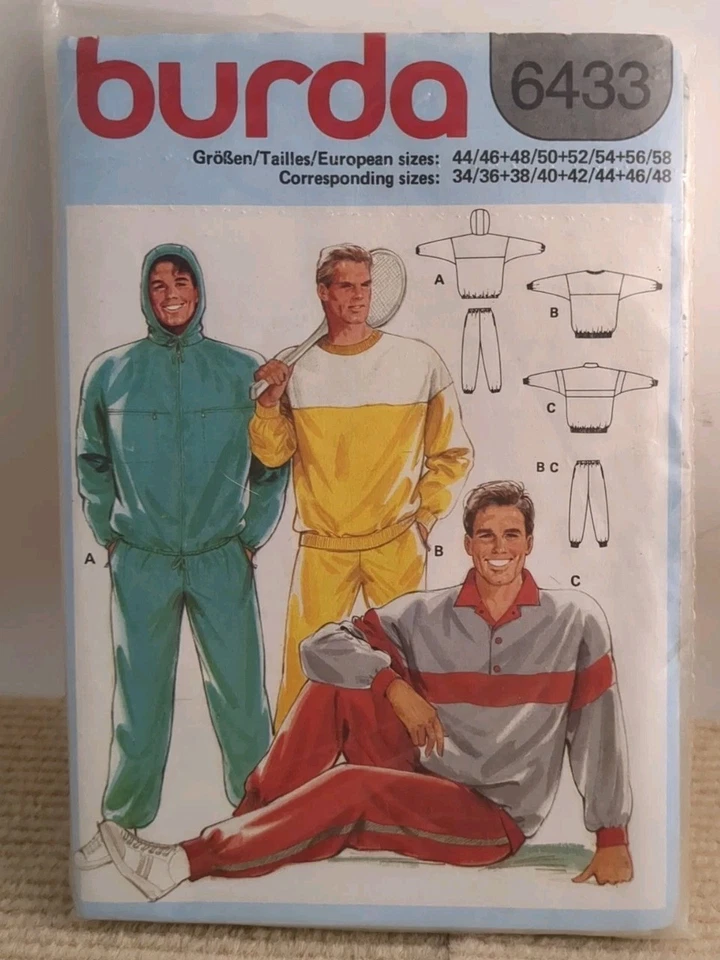 Burda 6433 Men's Sportswear Sweatshirt Pants Pattern VTG 1980s Sz 34-48 UNCUT - Image 1 of 4