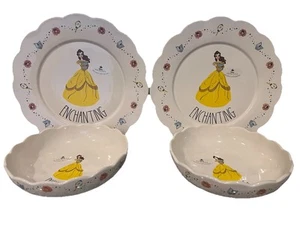 NEW RAE DUNN DISNEY BEAUTY & THE BEAST BELLE 4 pc  WHITE PLATES BISTRO BOWLS SET - Picture 1 of 3