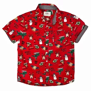 Free Planet Christmas Shirt Boys 10-12 Red Holiday Button Down Dinosaur Reindeer - Picture 1 of 10