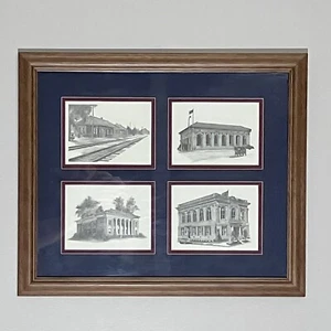 19”x16” Vintage Pencil Sketch Artwork Municipal Architecture Framed 4-panel - Picture 1 of 8