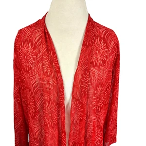 Chicos Red Sheer Drape Duster Floral Firework Print Lace Open Kimono Size XL = 3 - Picture 1 of 10