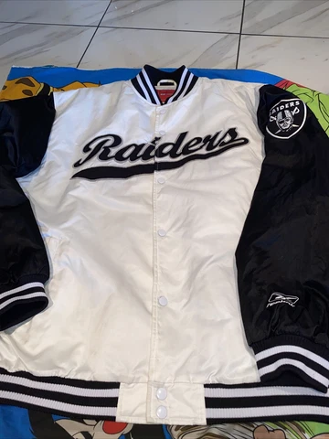 Vtg 2000s Y2K Oakland Raiders Jacket White Satin Bomber NFL Reebok Script Logo Cover