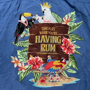 NEW Tommy Bahama Embroidered SIlk Rum Parrot Toucan Shirt Medium Mens Blue NWT - Picture 1 of 7