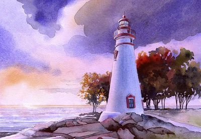 BELLA TERRA Marblehead Lighthouse Sunset, Lake Erie, Ohio. James Mann Watercolor Notecards