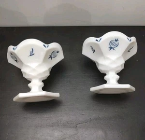 Vintage L.E. Smith “Blue Onion” Milk Glass Candle Holders (2) - Picture 1 of 13