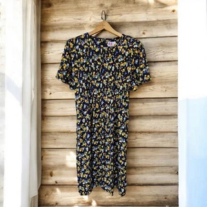 Vtg Floral Tie Back Peasant Midi Dress Blue Floral Cottagecore Pleated 14 R&K - Picture 1 of 9