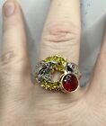 Dragon And Carp Fish Ruby Yellow Topaz Silver Tone Gold Vermeil Ring Size 11.25