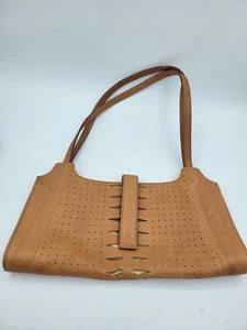 Vintage Emporio Armani Brown Pierced Punched Leather Hand Bag Purse - Picture 1 of 8
