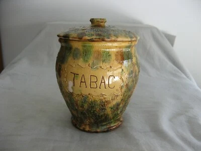 Ancien pot à tabac en poterie vernissée, type Apt, rainurée couleur jaspée. - Photo 1/4