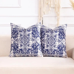 Navy Blue and White Farmhouse Decorative Throw Pillow Covers 18X18 Set of 2 Blue - Picture 1 of 12