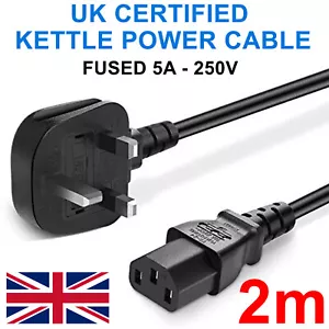 2 METRE C13 KETTLE LEAD POWER CORD MAINS CABLE UK PLUG COMPUTER PC 13A 0.75MM2 - Picture 1 of 7