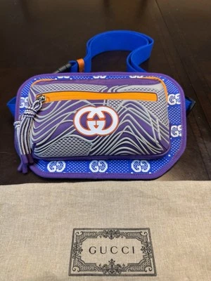 Nova Autêntica Bolsa de Cintura Gucci GG Supreme Logotipo Azul Laranja Compatível Até a Cintura 46 - Imagem 1 de 4