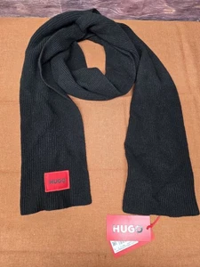 HUGO Gerippter Schal aus Wollmischung mit rotem Logo-Label NEU - Bild 1 von 5