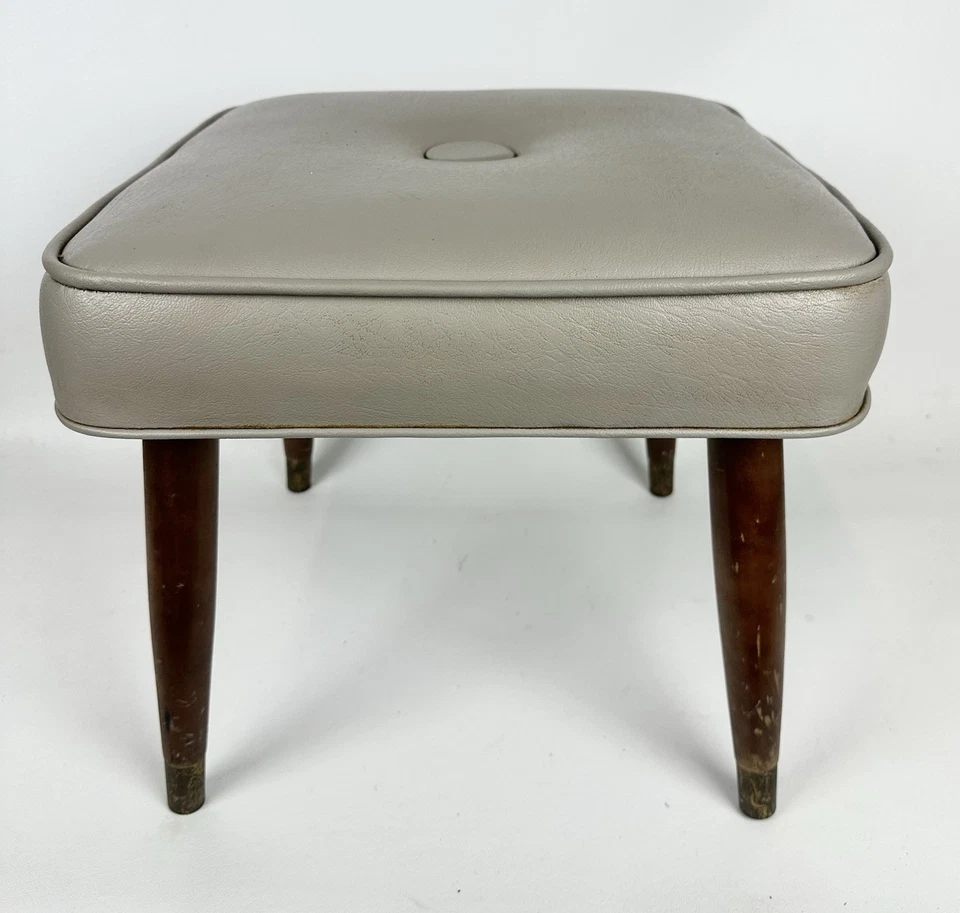 Vintage MCM Mid-Century 15" Square Footstool Ottoman Stool Vinyl Tapered Legs - Image 1 of 4