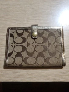 Portefeuille Coach Slim Snap Cuir Marron Doré Compact à Chèques, Carte, Sac à Main - Photo 1/12