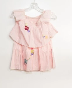 LE Collection Kids Girls Pink Cotton Blouse Floral Cap Sleeve Round Neck Size 5T - Picture 1 of 6