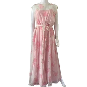 Vintage 1970s Floral Dress, Sz M, Sheer Pink Maxi Lace Trim - Picture 1 of 12