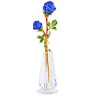 Handmade Crystal Blue Rose Flower Figurine with Vase, Bouquet Glass Flowers O...