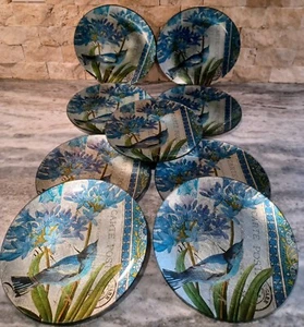 Pier 1 Imports Blue Bird Glass And Brushed Foil 8" Plates Set Of 9 - Picture 1 of 5