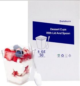 Doloburn 50Pack 5oz Square Dessert Cups with Lids and Spoons, Parfait Clear 