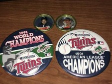 1991 MINNESOTA TWINS American League & World Series Champions Buttons + 2 Coins