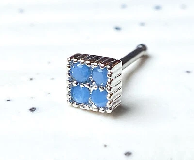 Blue Turquoise Crystals Square Top 20g Surgical Steel Nose Stud Bone Ring - Image 1 of 4