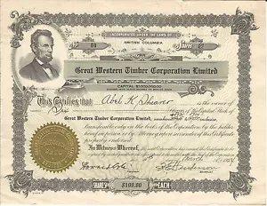 CANADA Great Western Timber Corp LTD Stock Certificate 1924 #40 British Columbia - Picture 1 of 2